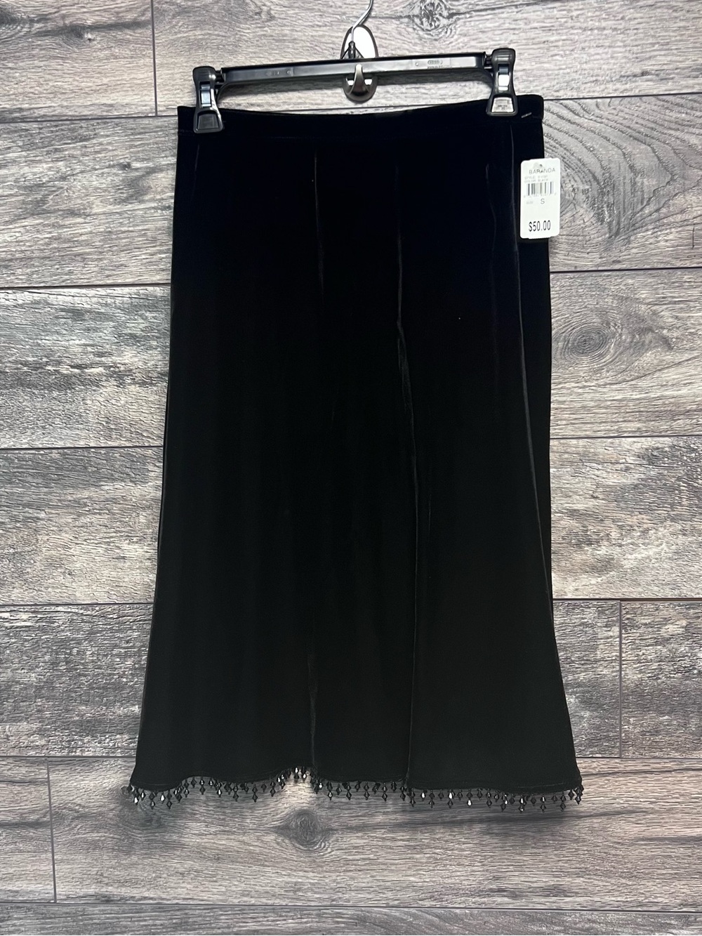 NWT Baranda Black Velvet Beaded Fringe Maxi Skirt S